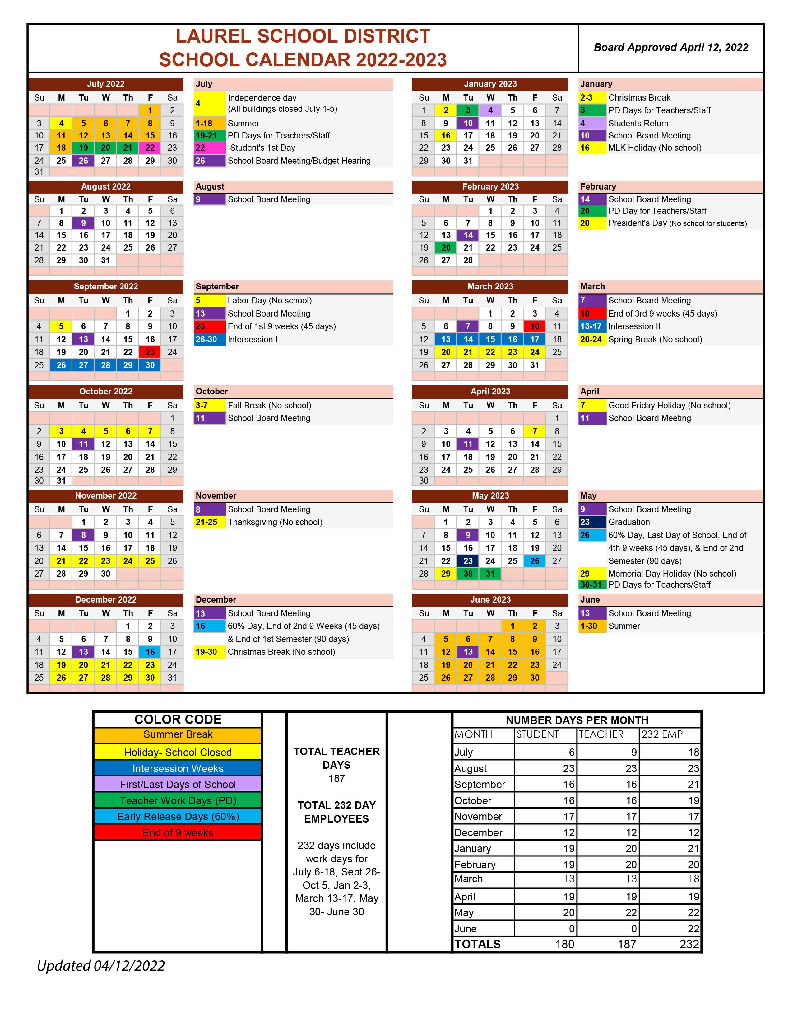 20222023 Laurel School District School Calendar Laurel School District